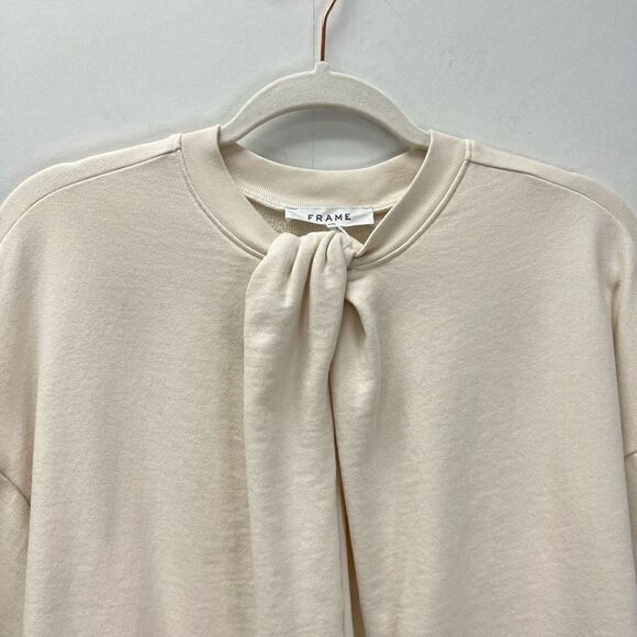 Frame Women’s Large Gathered French Terry Cotton Crewneck Sweater Ivory Bone - Picture 4 of 15